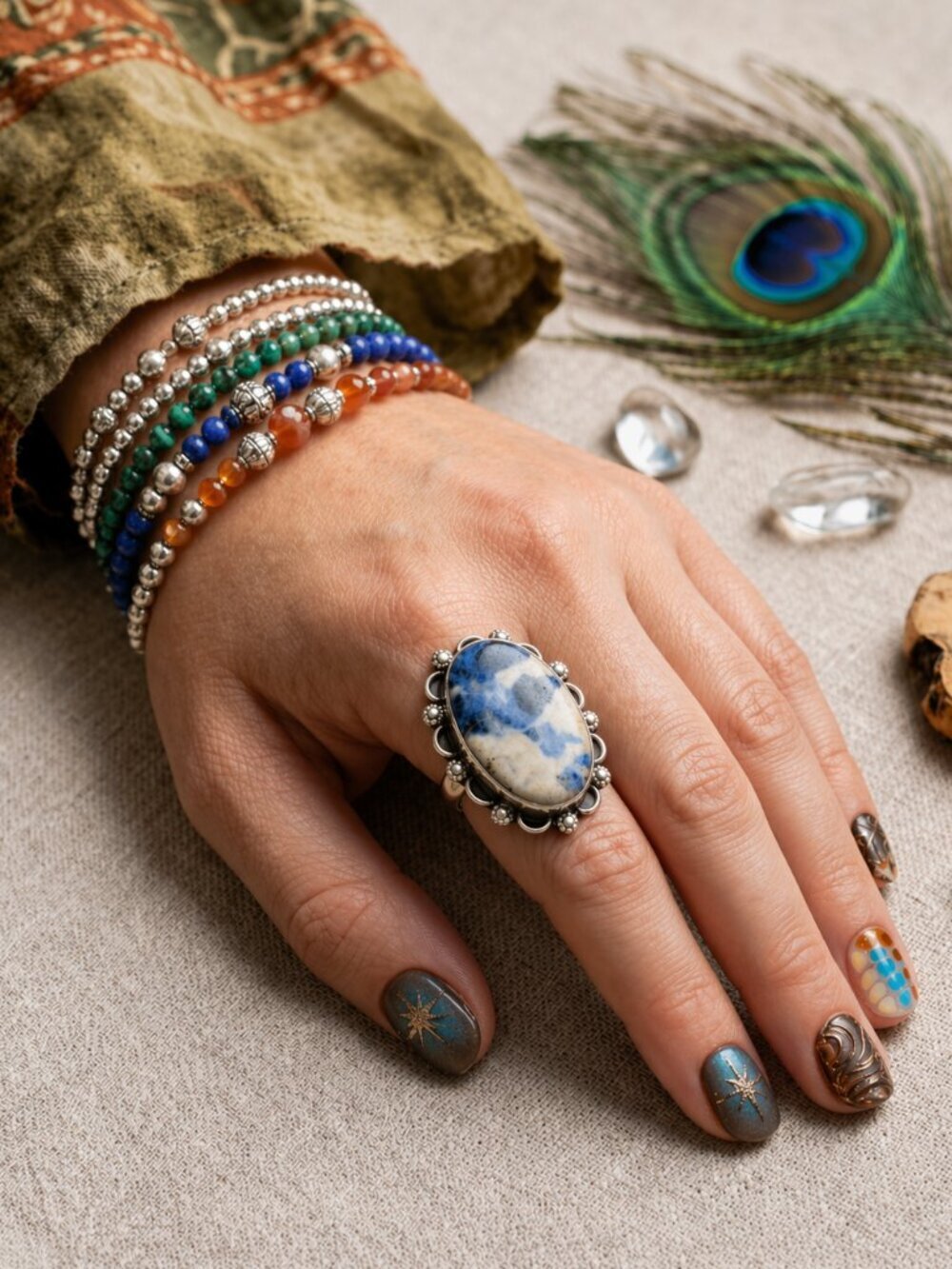 925 Sterling Silver Genuine Sodalite Oval Ring – Boho Artisan Statement Size 8